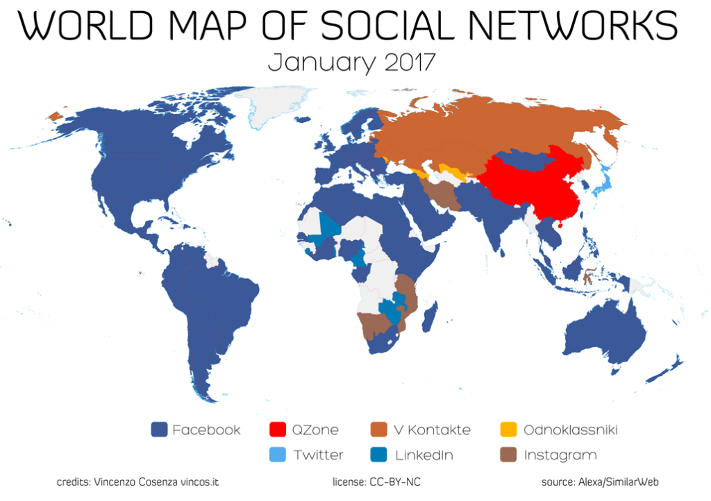 The Social Networks Map 2017. Grazie ai nuovi dati di Alexa (società sussidiaria di Amazon) e all'analisi del nostro connazionale @Vincos, che dal 2009 si prende la briga di farla, anche quest'anno siamo in grado di tracciare una mappa quasi globale dello sviluppo dei diversi social networks nel mondo.