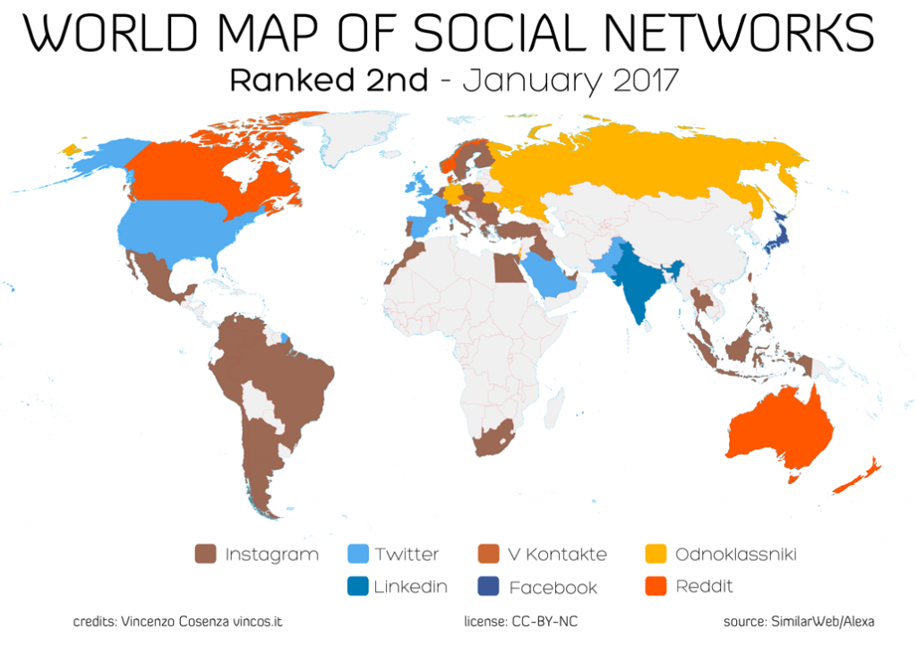 The Social Networks Map 2017. Grazie ai nuovi dati di Alexa (società sussidiaria di Amazon) e all'analisi del nostro connazionale @Vincos, che dal 2009 si prende la briga di farla, anche quest'anno siamo in grado di tracciare una mappa quasi globale dello sviluppo dei diversi social networks nel mondo.