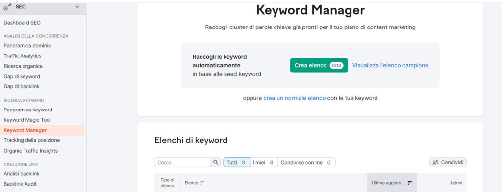 Ricerca delle parole chiave: keyword manager